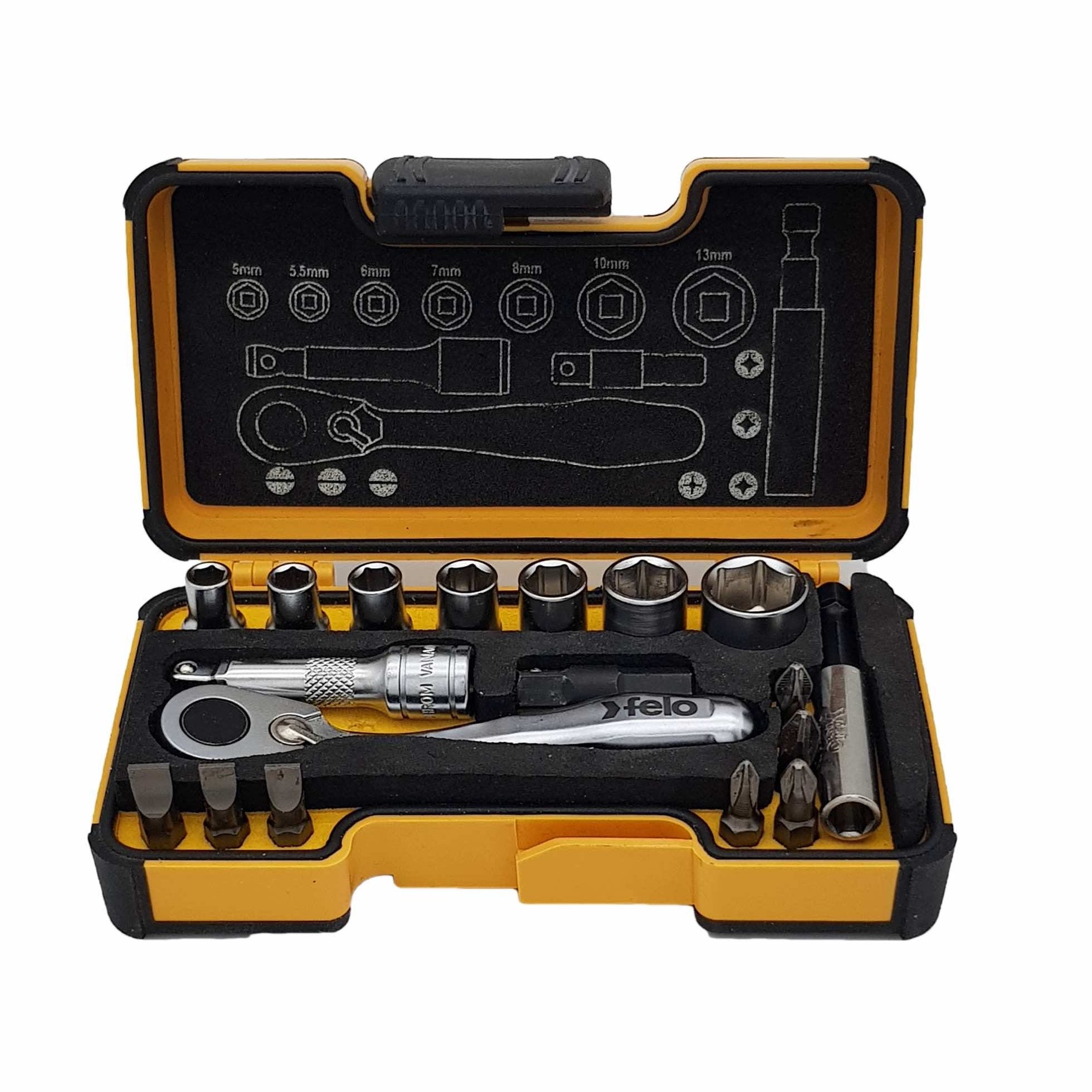Felo 05771856 XS 18pc Box Sockets, Bits, Mini Ratchet, Bitholder, INCH