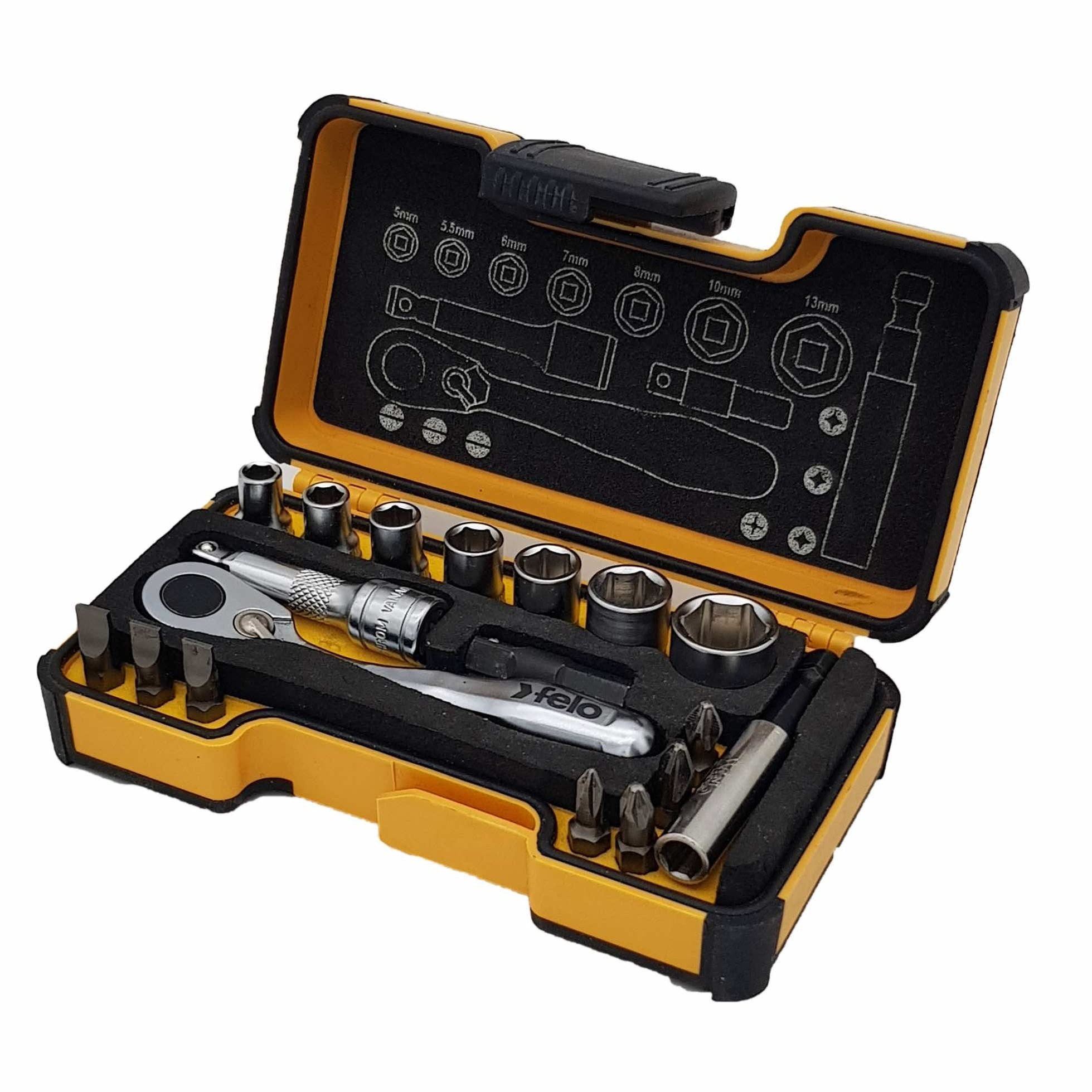 Felo 05771856 XS 18pc Box Sockets, Bits, Mini Ratchet, Bitholder, INCH