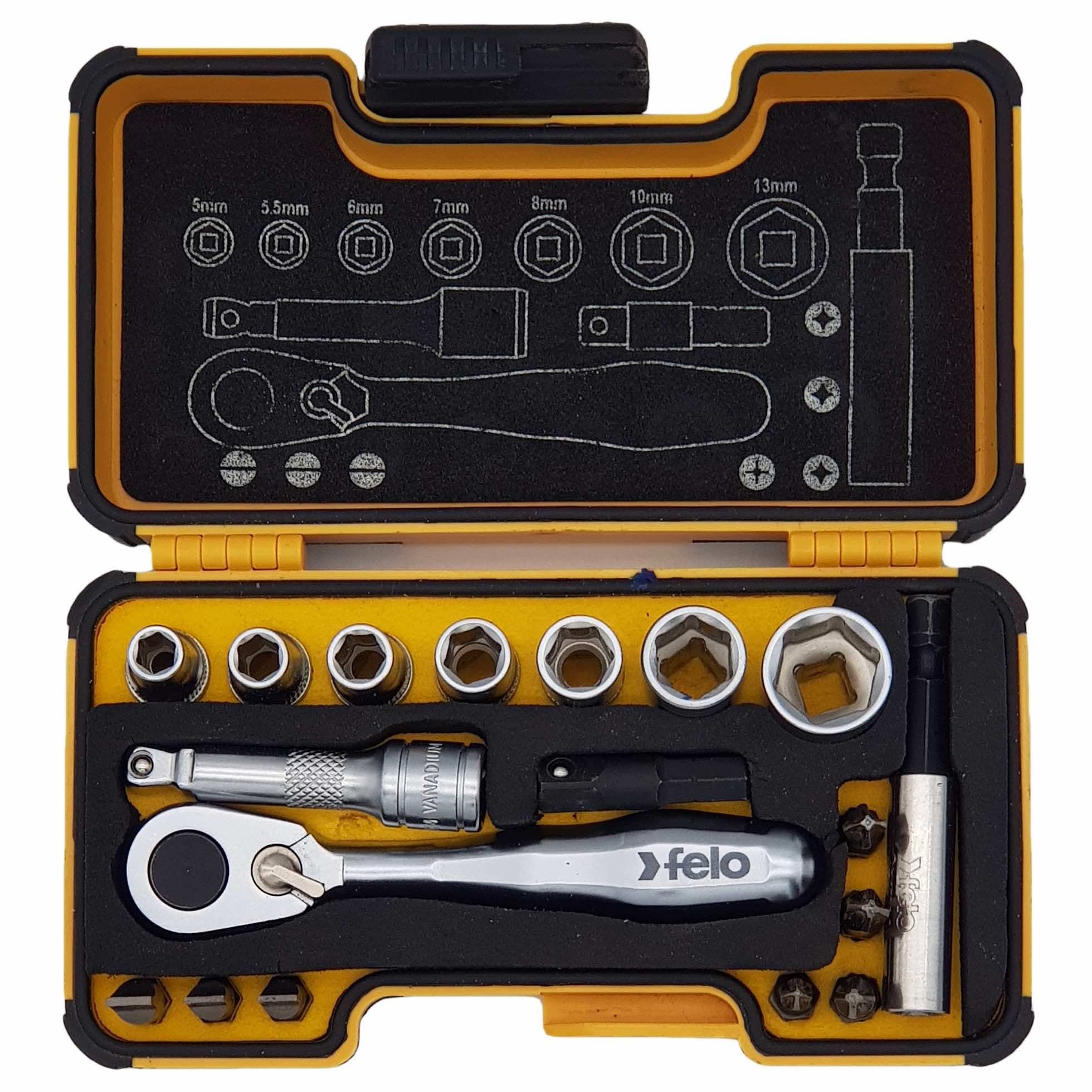 Felo 05771856 XS 18pc Box Sockets, Bits, Mini Ratchet, Bitholder, INCH