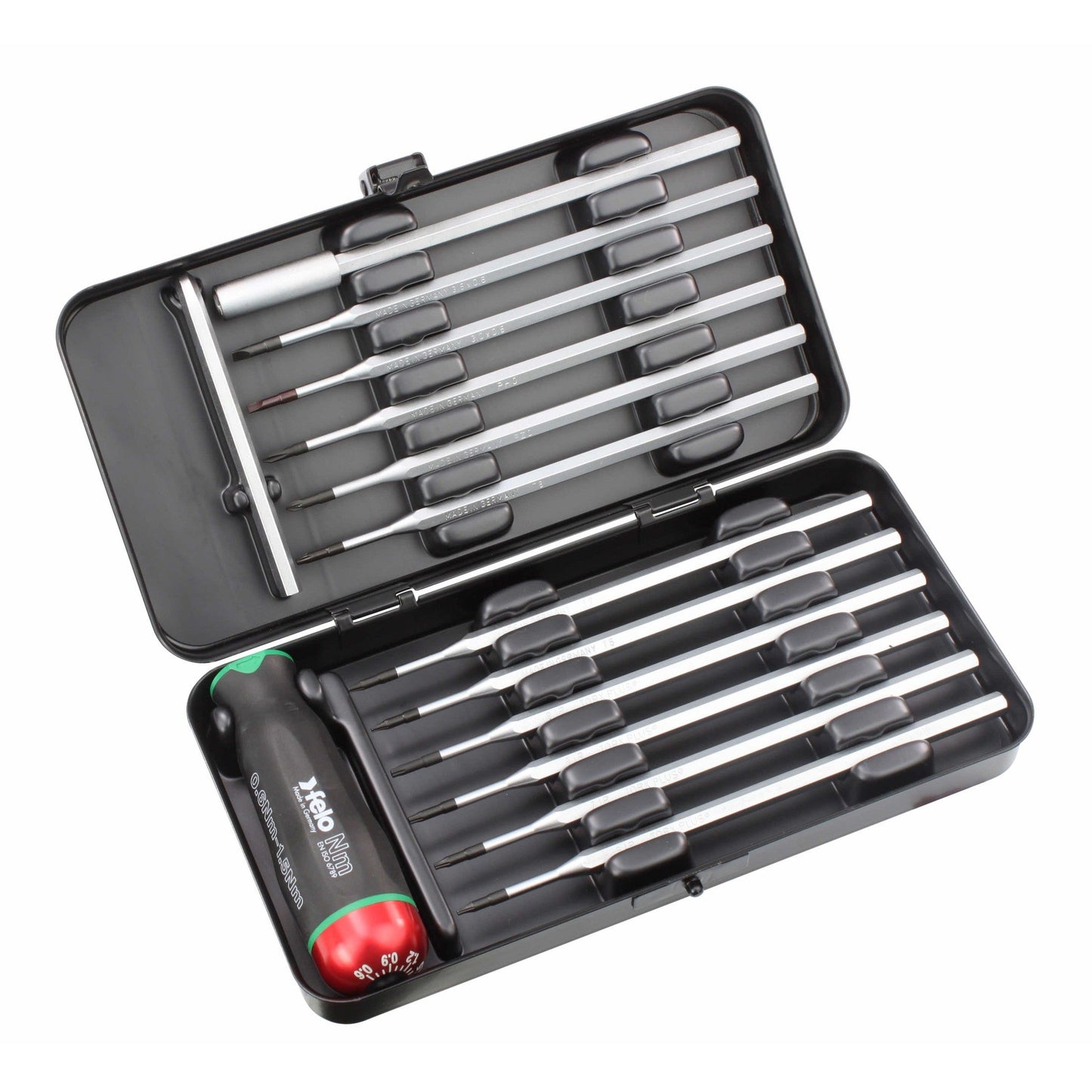 Felo 10099116 Screwdriver With Adjustable Torque NM Series 0.6-1.5 Nm & Attachments, 12 Pcs
