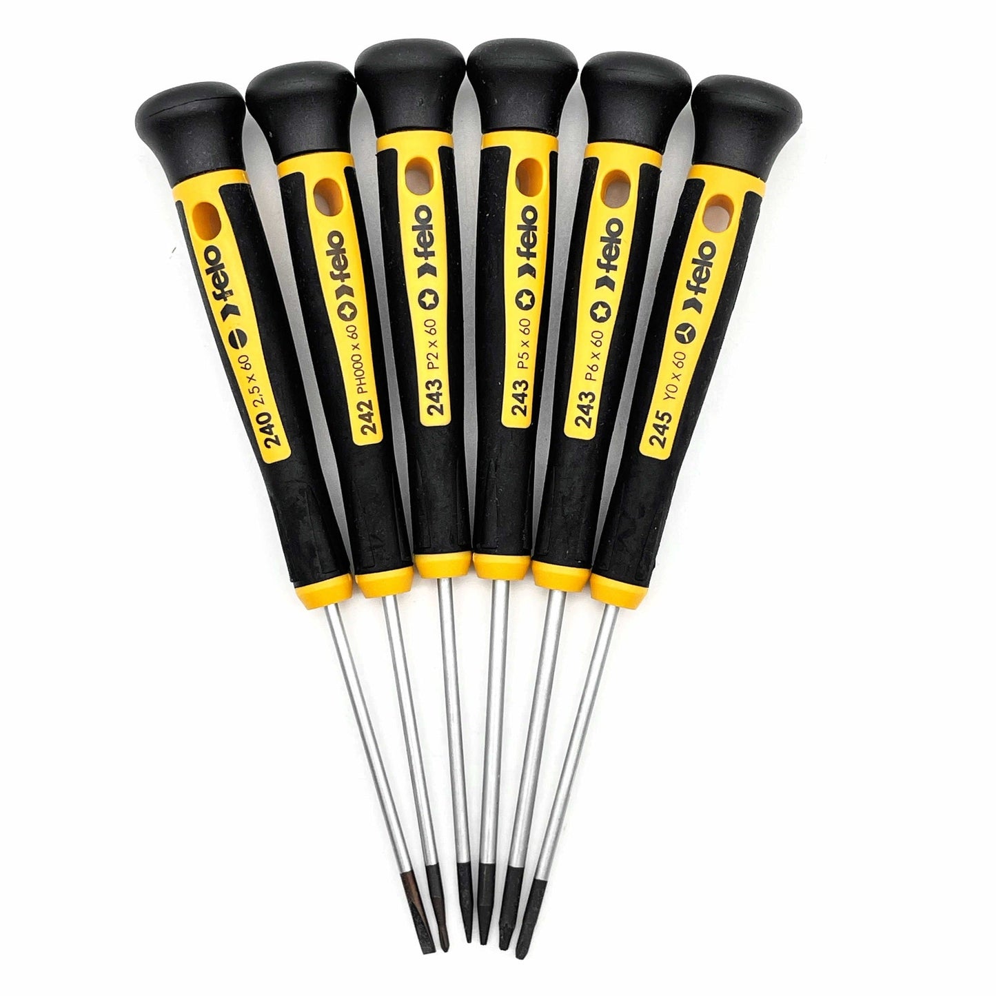 Felo 24396166 Precision Screwdriver Set, Slotted, Phillips, Pentalobe, Y-type, 6 Pieces