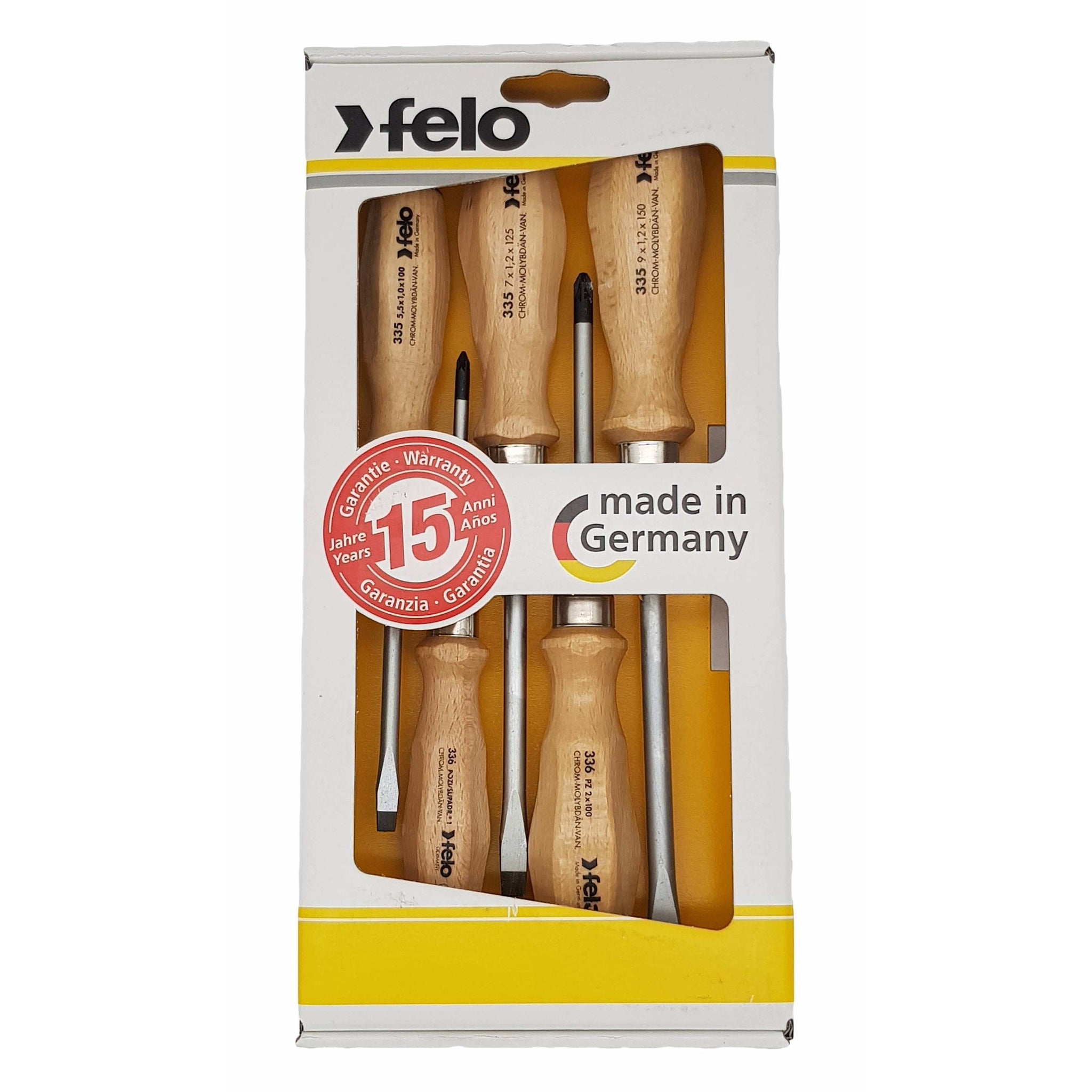 Felo 33595298 Wood Handle Slotted & Pozidriv Screwdriver Set, 5 Pieces