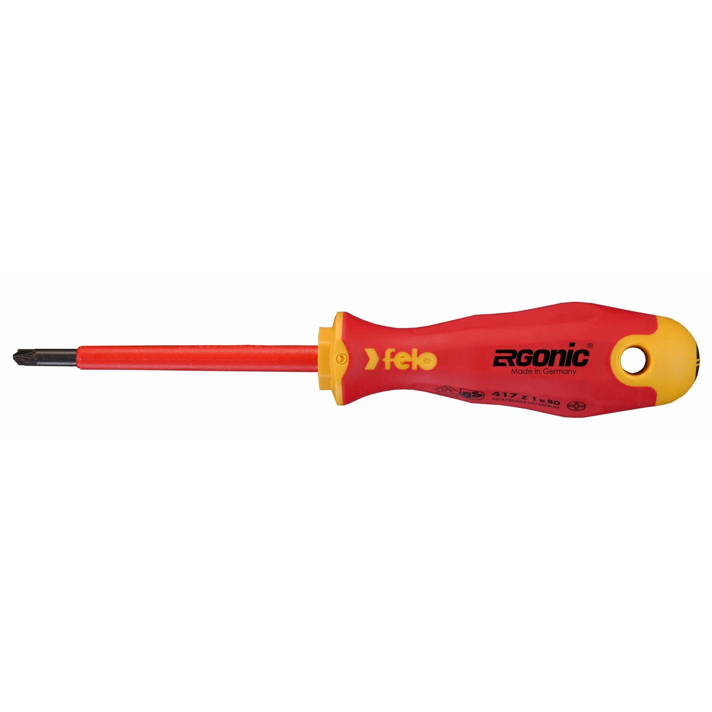 Felo 41710290 VDE Insulated Pozidriv-Slotted Plus-Minus #1 Ergonic Screwdriver, 80 mm