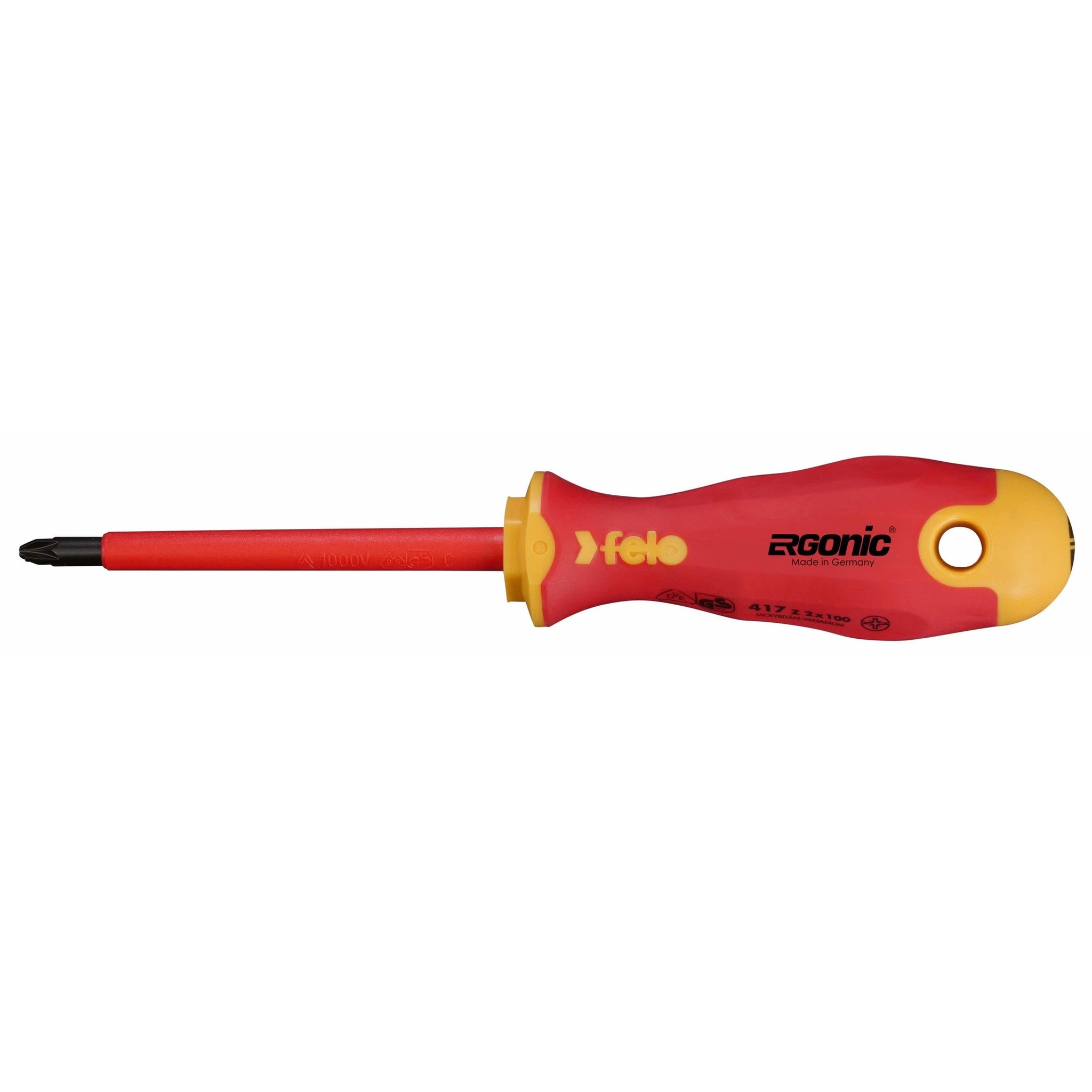 Felo 41720390 VDE Insulated Pozidriv-Slotted Plus-Minus #2 Ergonic Screwdriver, 100 mm