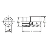 Koken 2137 - 1/4" Sq Drive Adaptor For 1/4H Bit 22.5mm Length