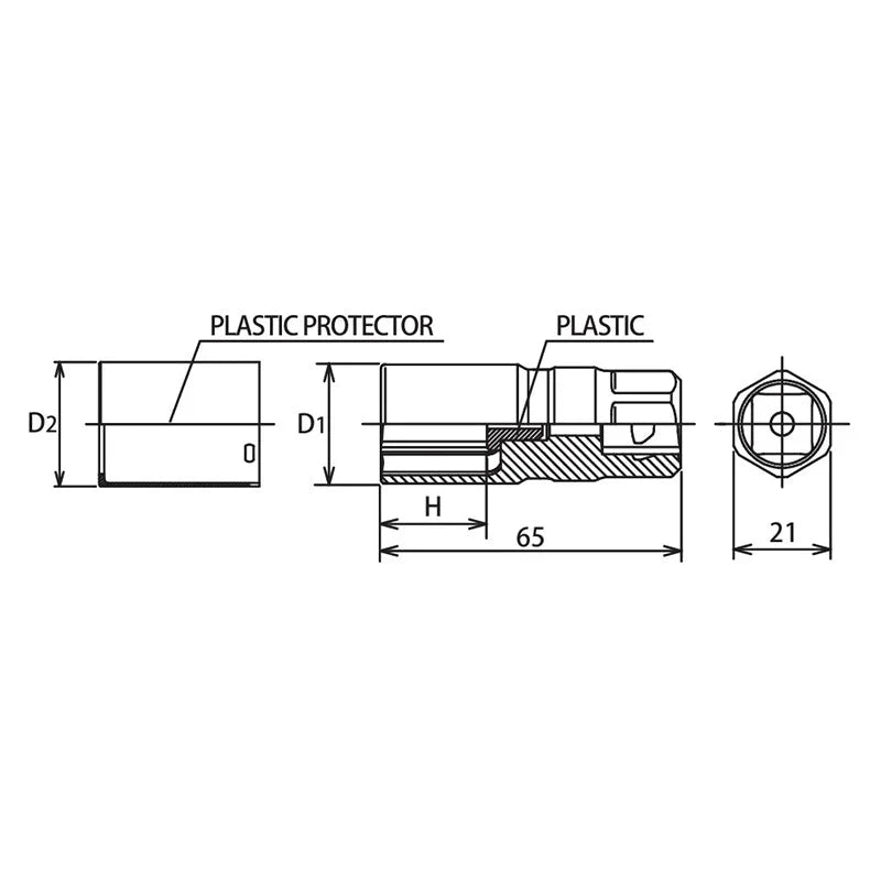 Koken 4300PMZ.65-21 - 1/2 Sq. Dr. Wheel Nut Socket 21mm Extra Thin walled Length 65mm Color coded Protector
