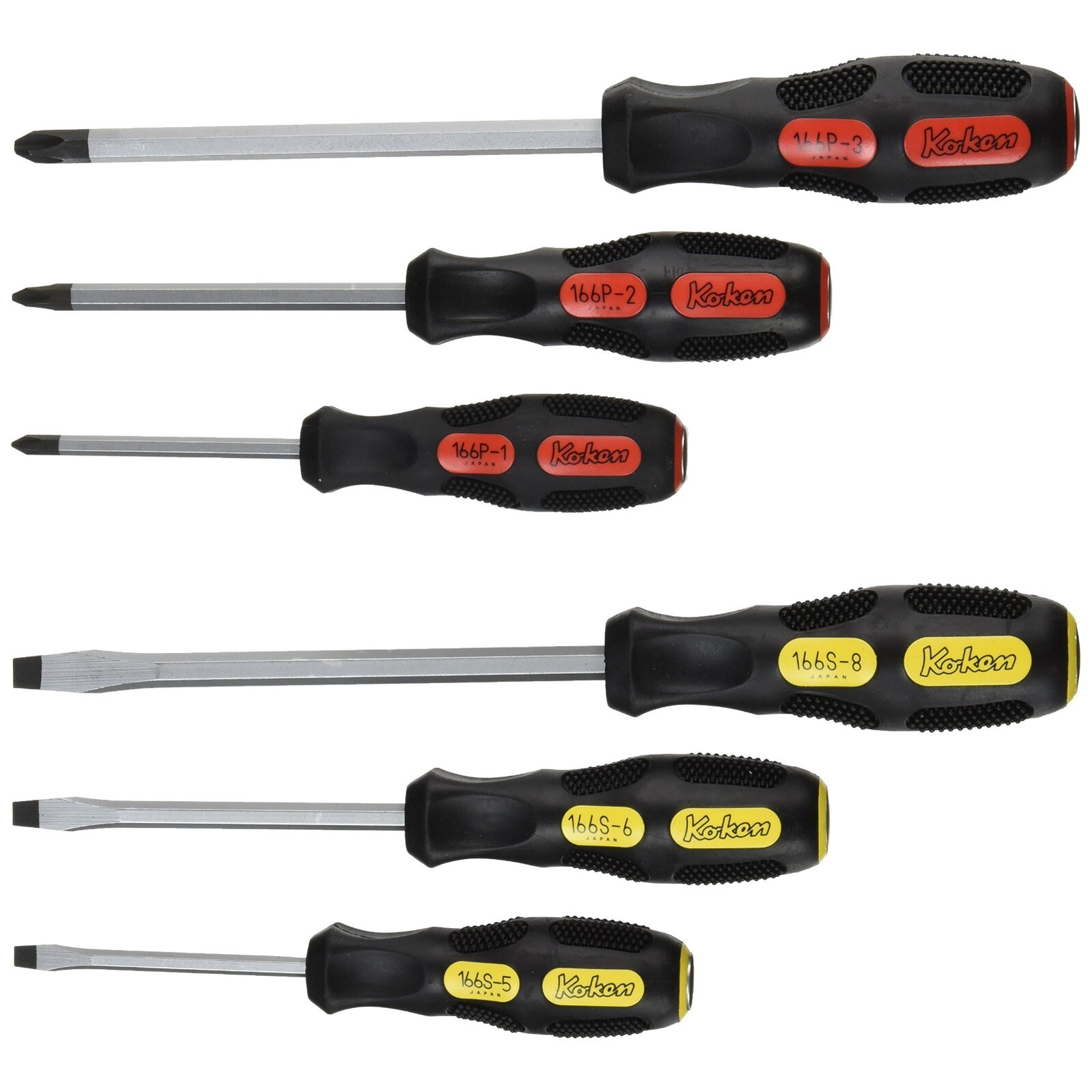 Koken PK166PS/6 JIS - Cross and Slotted Head Blade Through Type Screwdriver Set, PH1-2-3/SL5-6-8 in ABS Plastic Tray 6 Pieces