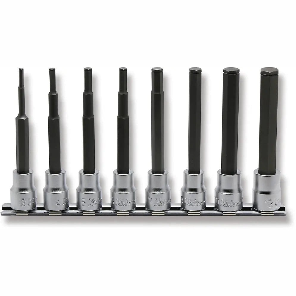 Koken RS3015M/8-L100 3/8 Sq. Dr. Grip Ring Hex Bit 100mm Long Socket Set - 8 pieces