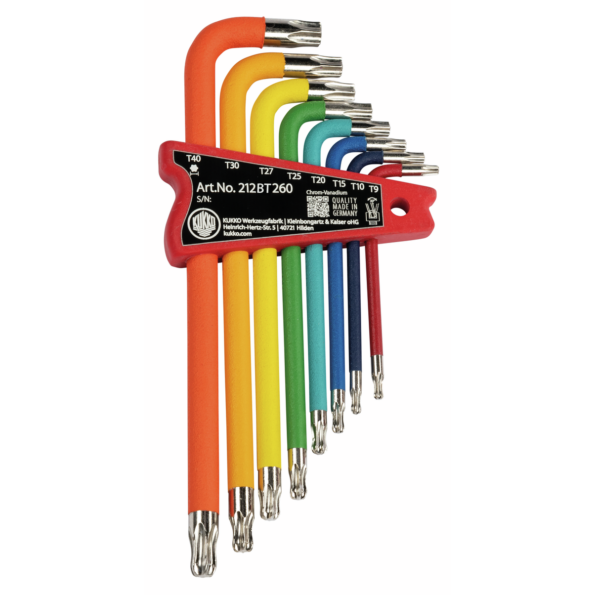 Kukko 212BT260 - Color-coded TX Allen key set with ball head in KUKKO clip, key sizes 9, 10, 15, 20, 25, 27, 30, 40