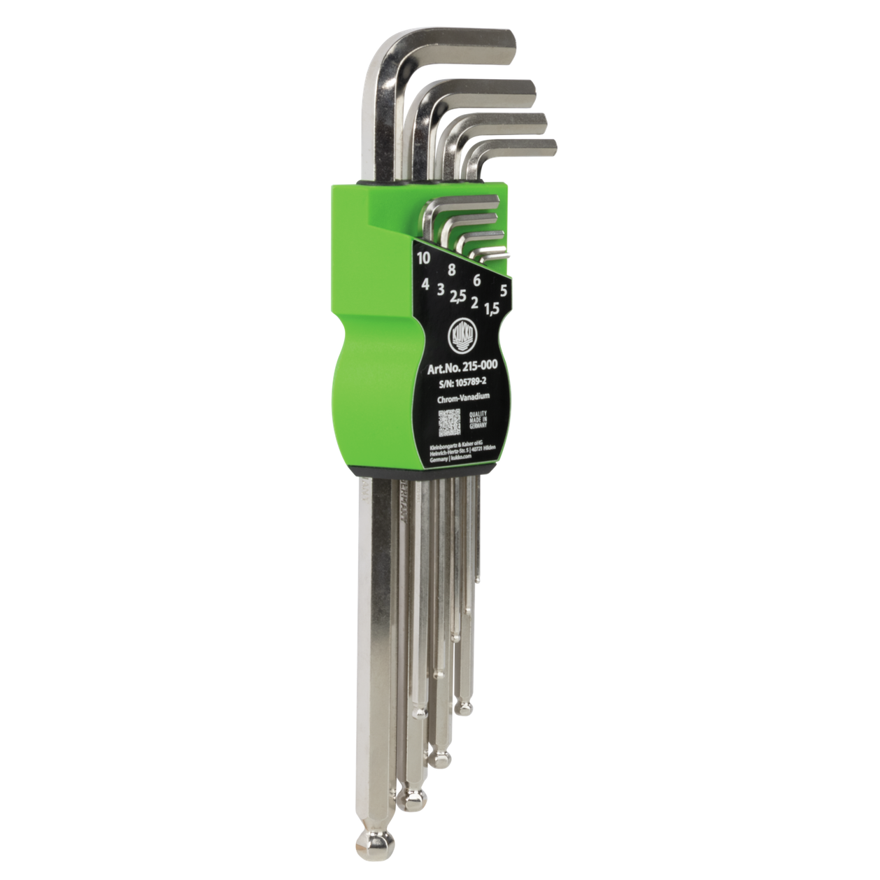 Kukko 215-000 - Allen wrench with ball head, 1,5, 2,0, 2,5, 3,0, 4,0, 5,0, 6,0, 8,0, 10,0 mm key widths in the KUKKO clip