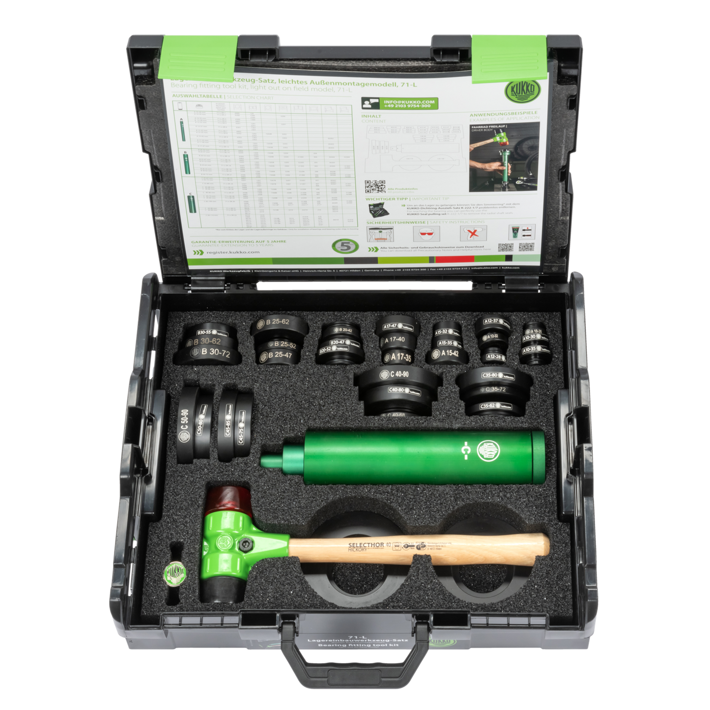 Kukko 71-L | Bearing installation tool set, light model, for ball bearings with internal diameter 10 - 50 mm, external diameter 26 - 110 mm