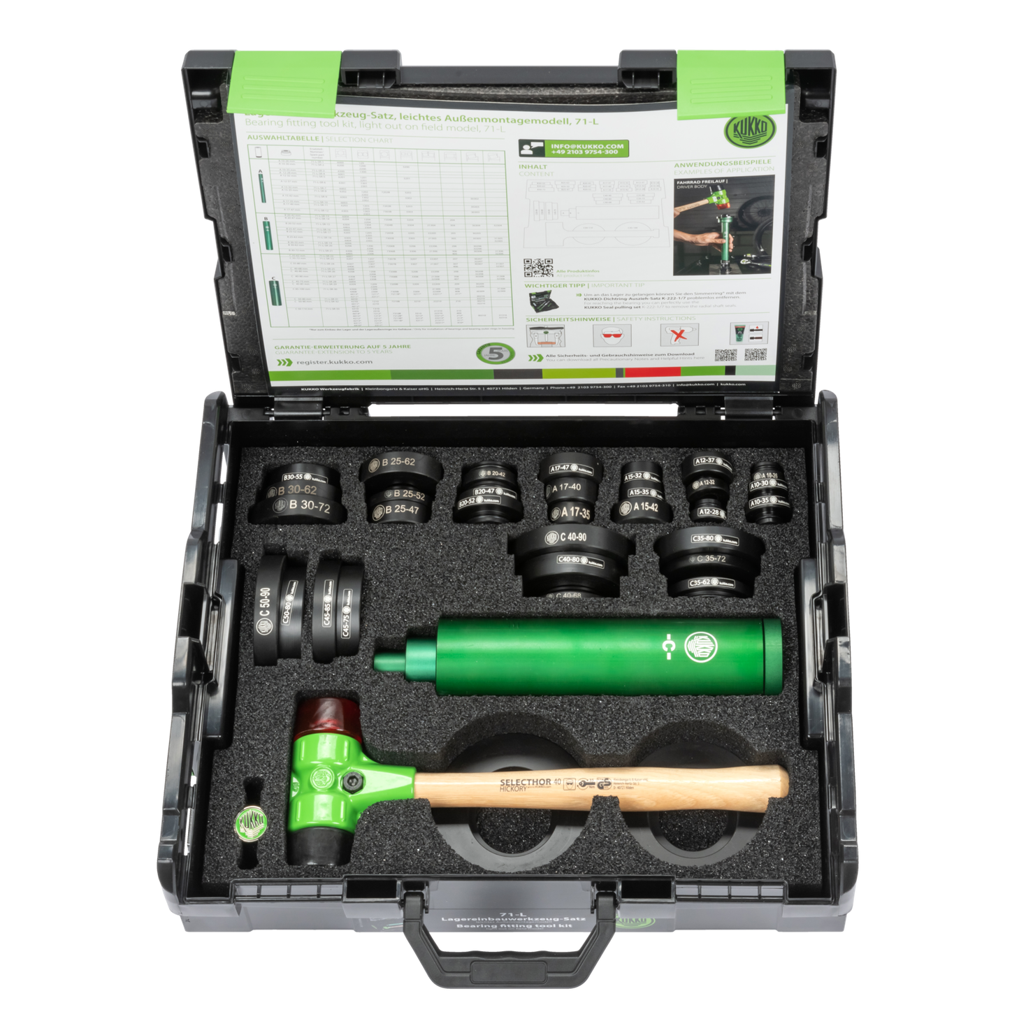 Kukko 71-L | Bearing installation tool set, light model, for ball bearings with internal diameter 10 - 50 mm, external diameter 26 - 110 mm