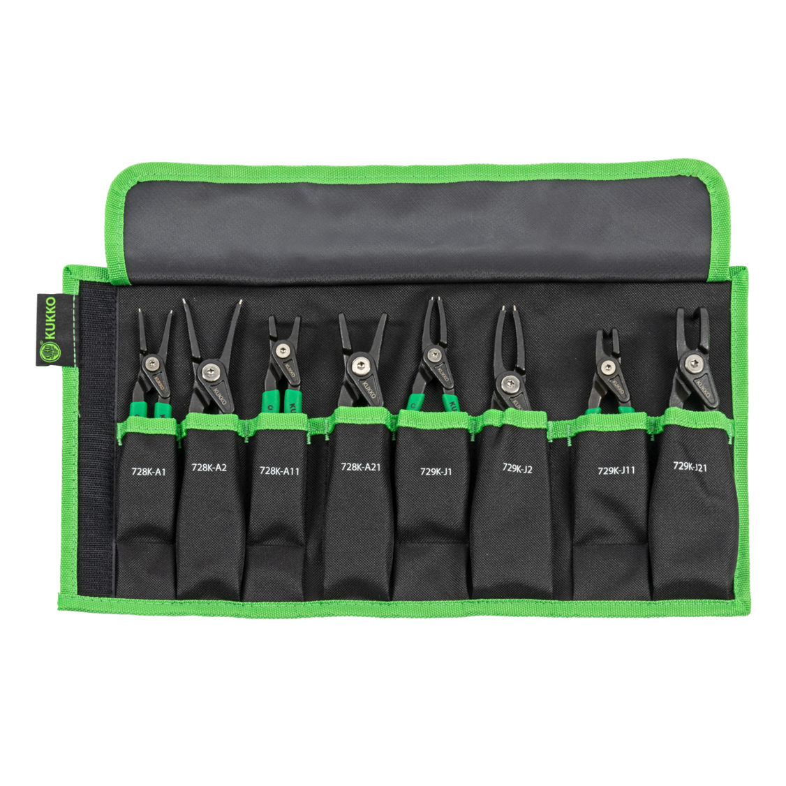 Kukko 728K-729 - 8-piece circlip pliers set with inserted tips for internal and external mounting.