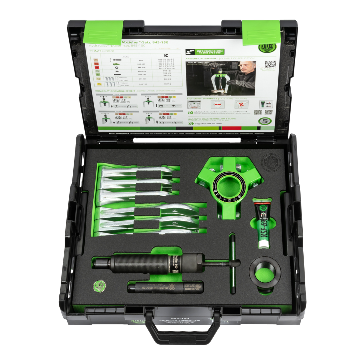 Kukko 845-150 - Hydraulic 4 Puller set 50-150 x 150 mm / 10 ton with self-centering puller jaws