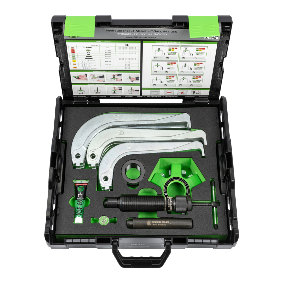 Kukko 845-250 - Hydraulic 6 Puller Set 75-250 x 250 mm / 10 ton with self-centering puller jaws