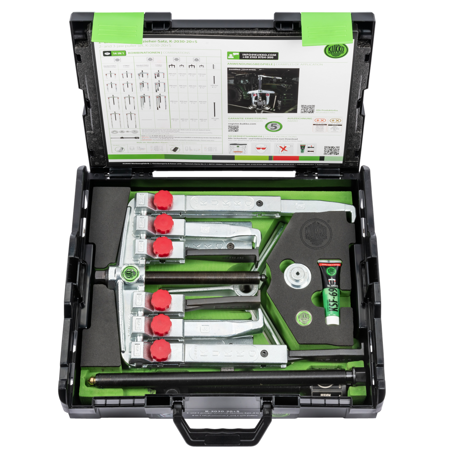 Kukko K-2030-20+S | 15-piece universal puller set 2-jaw and 3-jaw with two different puller jaw types