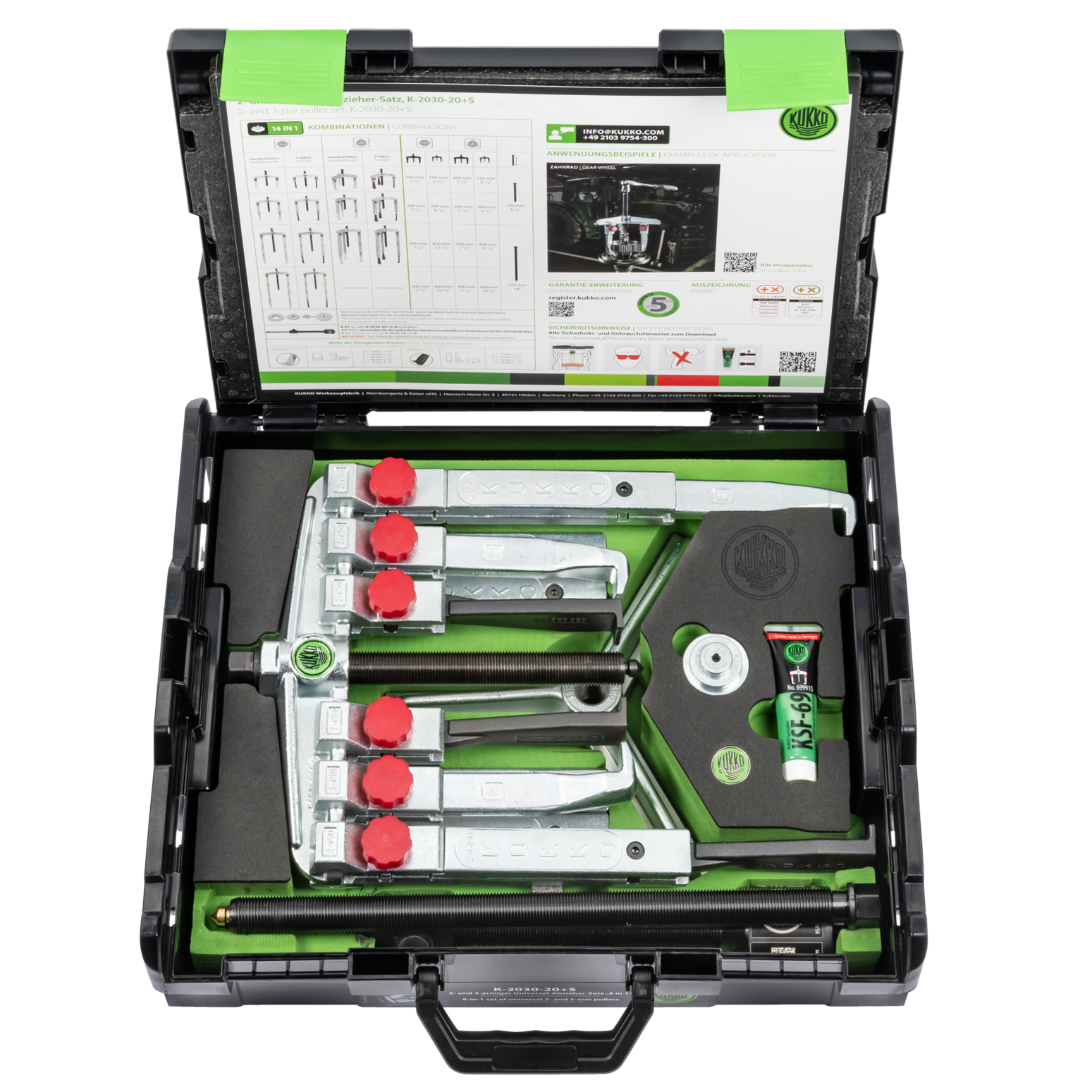 Kukko K-2030-20+S | 15-piece universal puller set 2-jaw and 3-jaw with two different puller jaw types