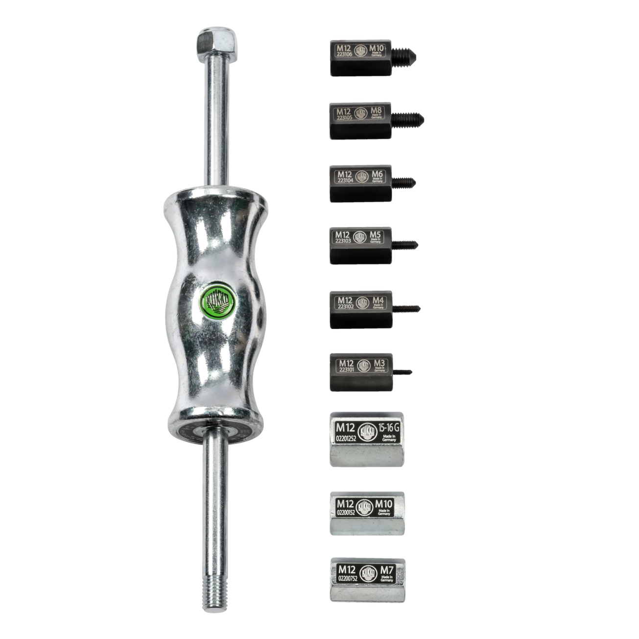 Kukko KS-22-01 | 10-piece sliding hammer set in set with thread adapters in various sizes