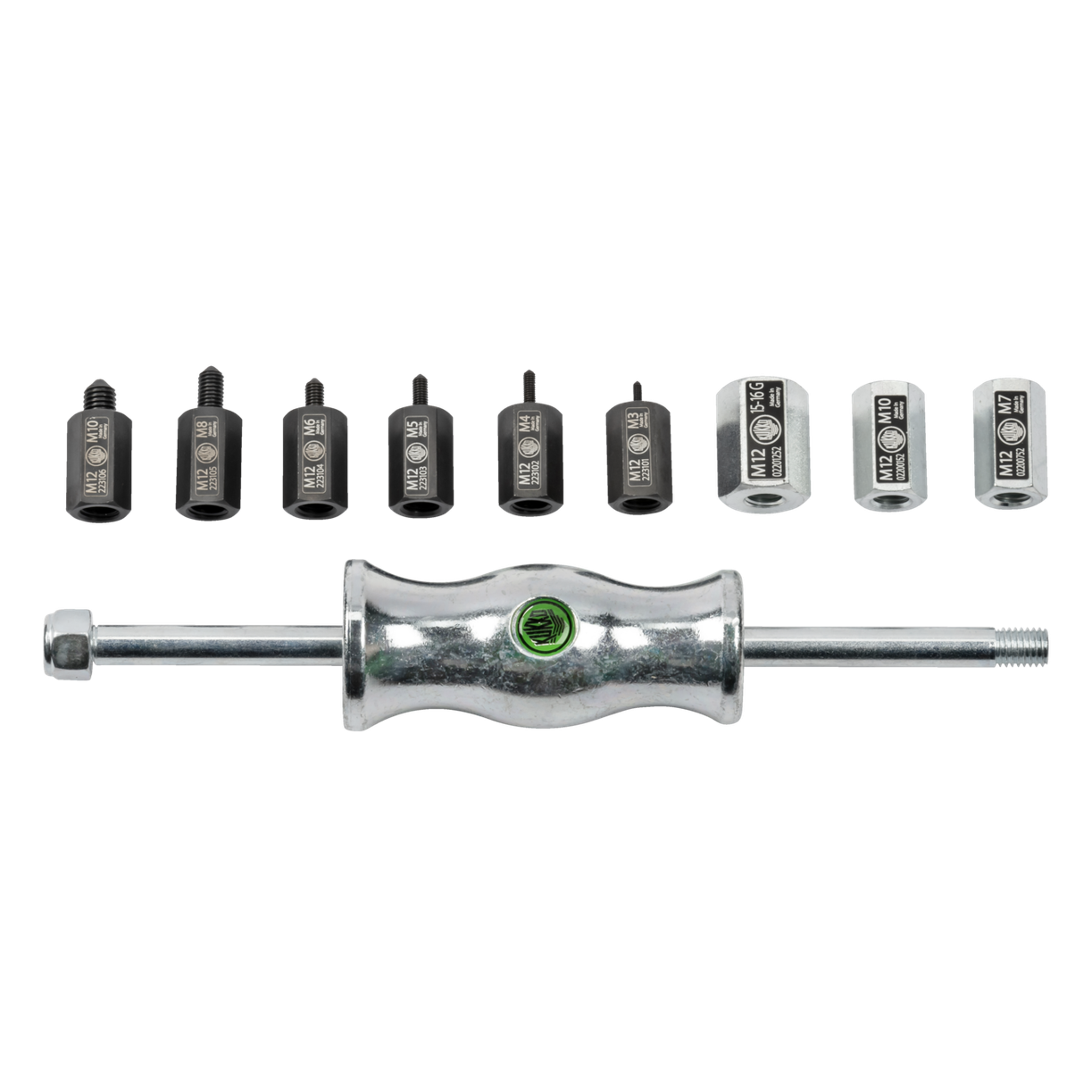 Kukko KS-22-01 | 10-piece sliding hammer set in set with thread adapters in various sizes