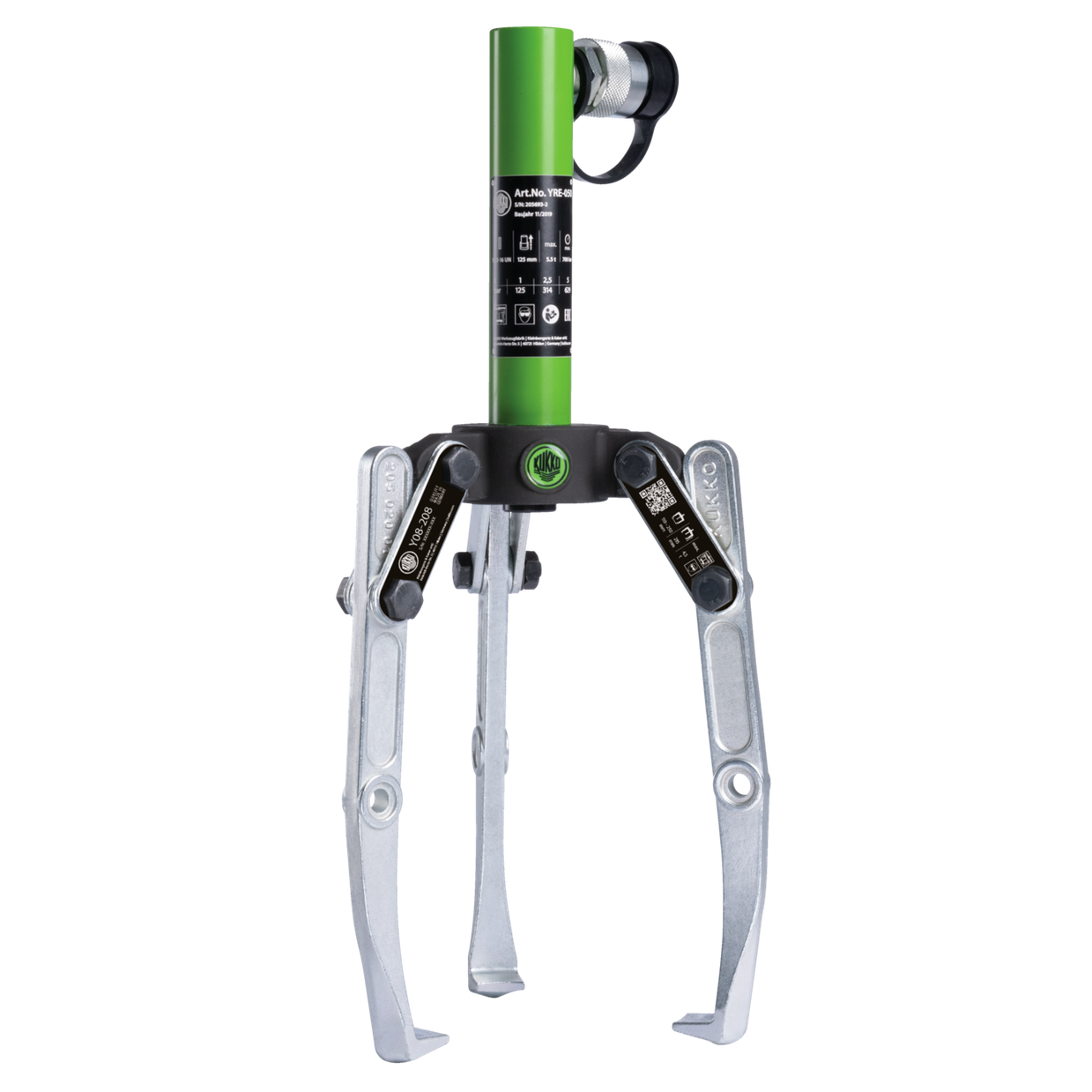 Kukko Y18-208 - Hydraulic, 3-arm puller with adjustable clamping depth, hydraulic pressure cylinder for pump drive tractive force up to 10 t and combination crosshead