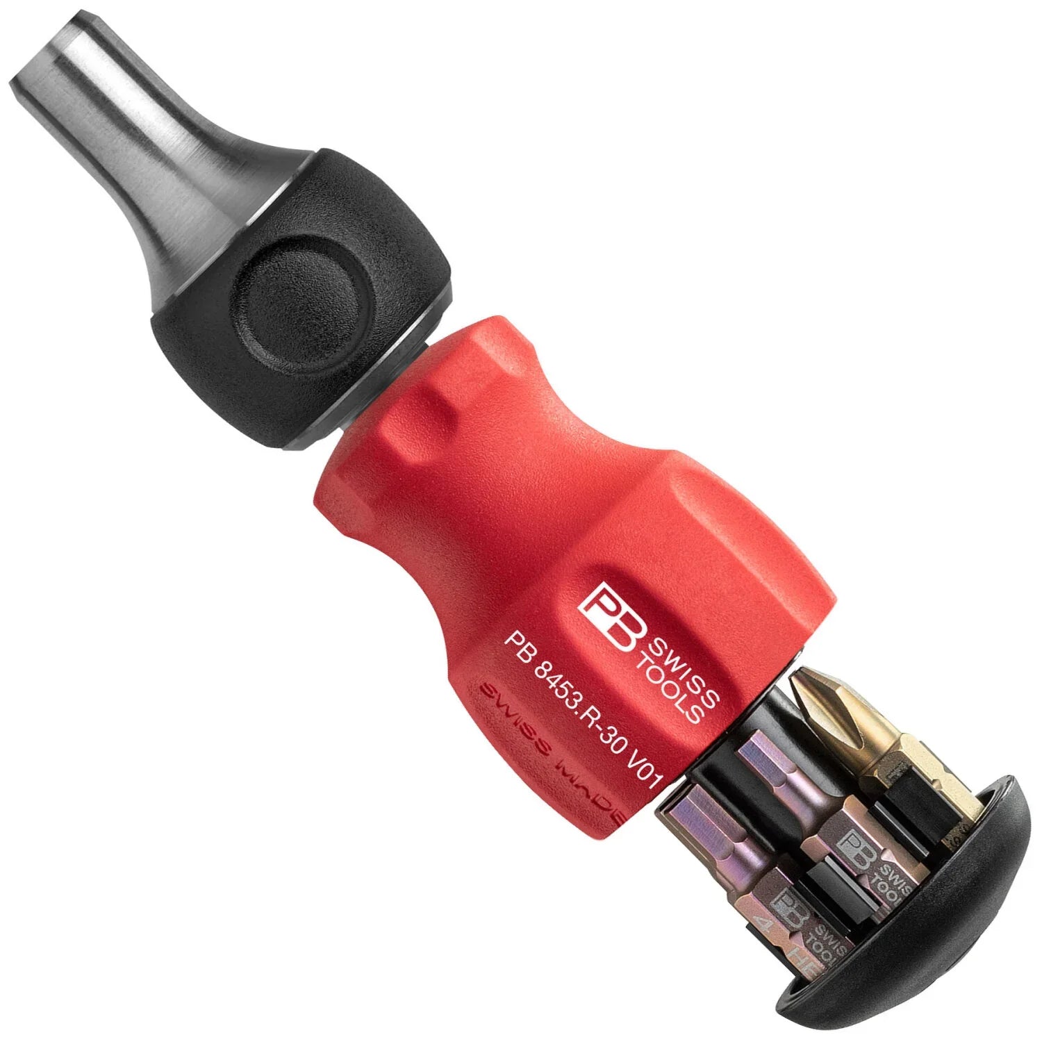 PB 8453 R-30 Insider Stubby Ratchet - Pocket Tool, ratchet handle with integrated bit magazine and 6 PrecisionBits C6